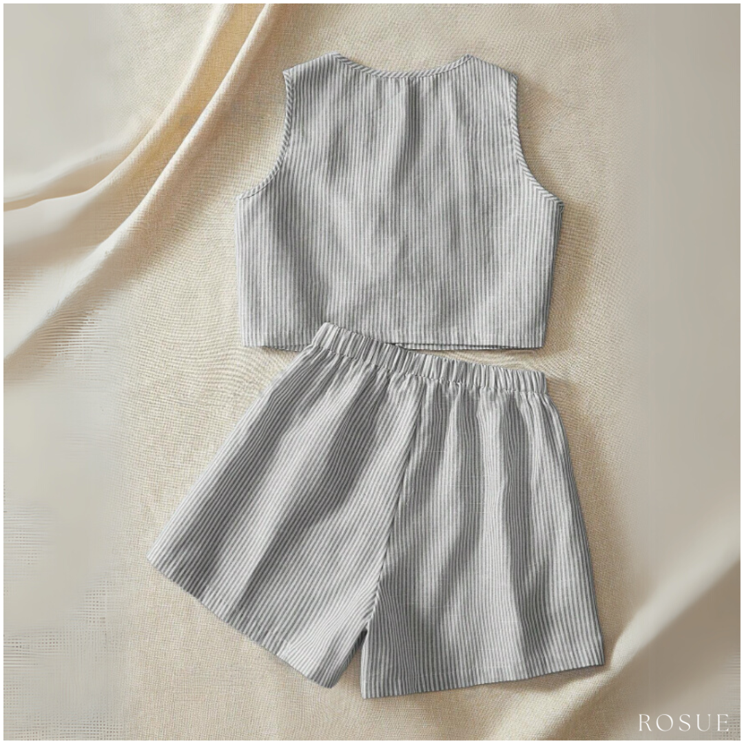 CONJUNTO LINO MUJER ROSUE RAYAS PLAYERO CROP TOP Y SHORT CASUAL 2 PIEZAS - 2