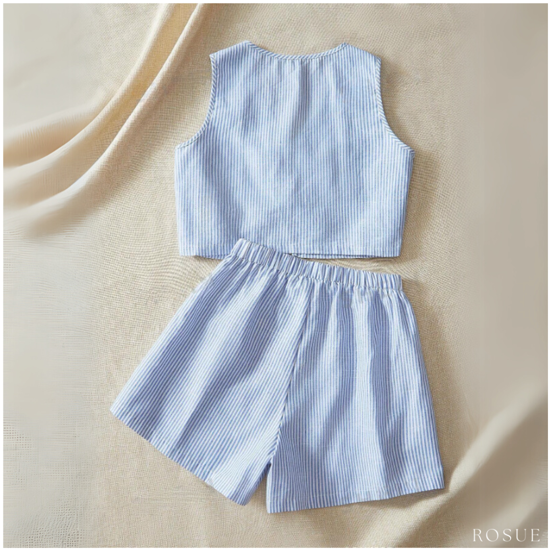 CONJUNTO LINO MUJER ROSUE RAYAS PLAYERO CROP TOP Y SHORT CASUAL 2 PIEZAS - 3