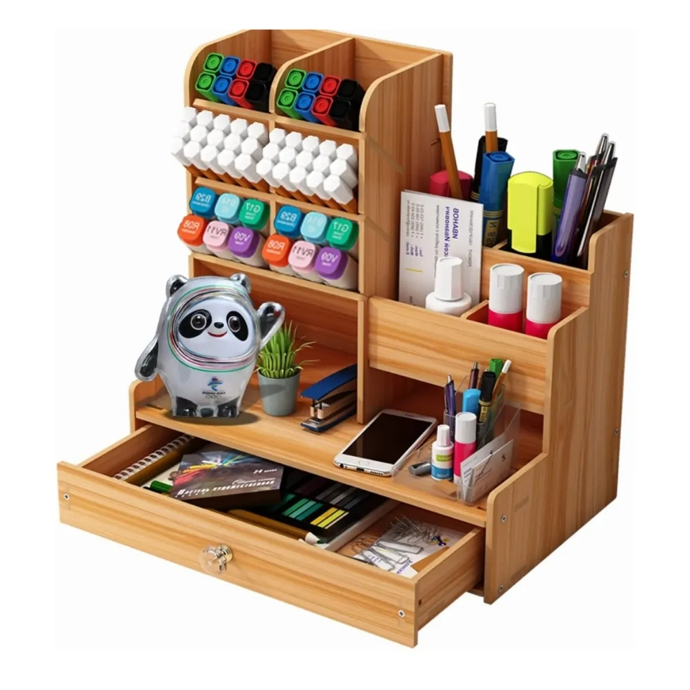 ORGANIZADOR DE ESCRITORIO CON CAJÓN Y COMPARTIMENTOS COLOR NATURAL - 1