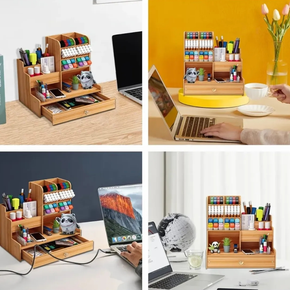 ORGANIZADOR DE ESCRITORIO CON CAJÓN Y COMPARTIMENTOS COLOR NATURAL - 2