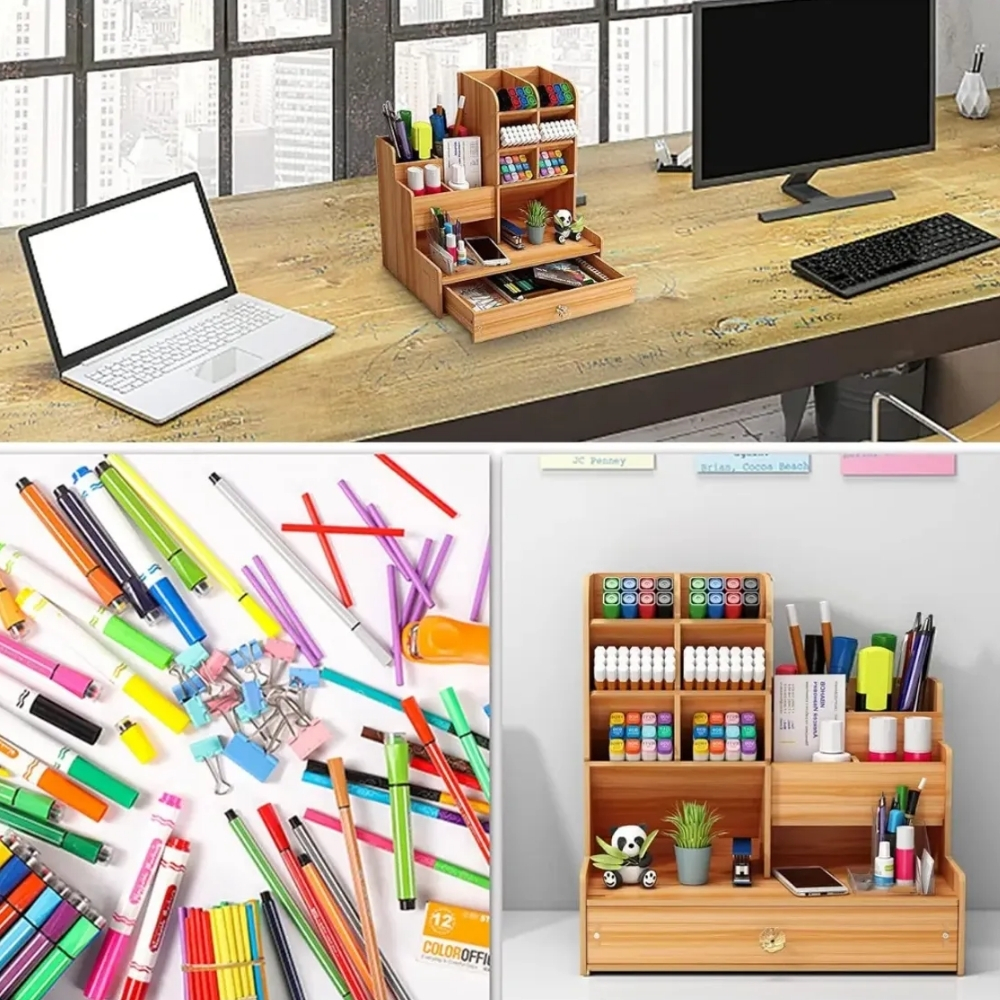 ORGANIZADOR DE ESCRITORIO CON CAJÓN Y COMPARTIMENTOS COLOR NATURAL - 3