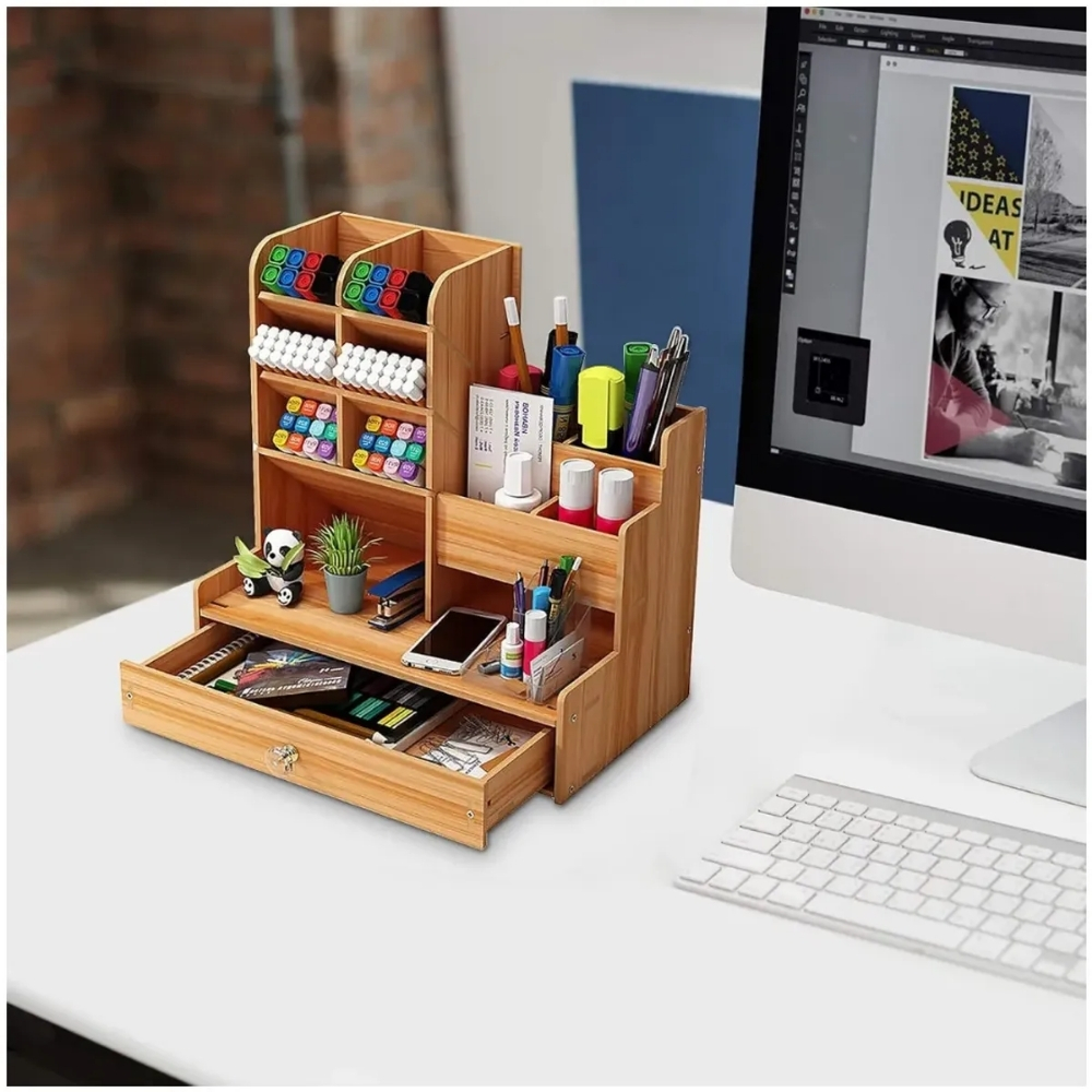 ORGANIZADOR DE ESCRITORIO CON CAJÓN Y COMPARTIMENTOS COLOR NATURAL - 4