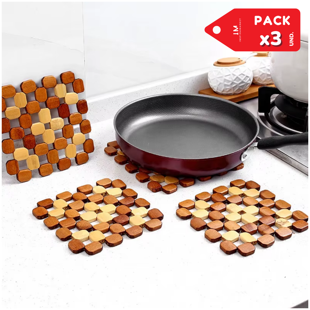SOPORTE DE BAMBÚ RESISTENTE PARA VAJILLA OLLA SARTEN PACK X3 - 1