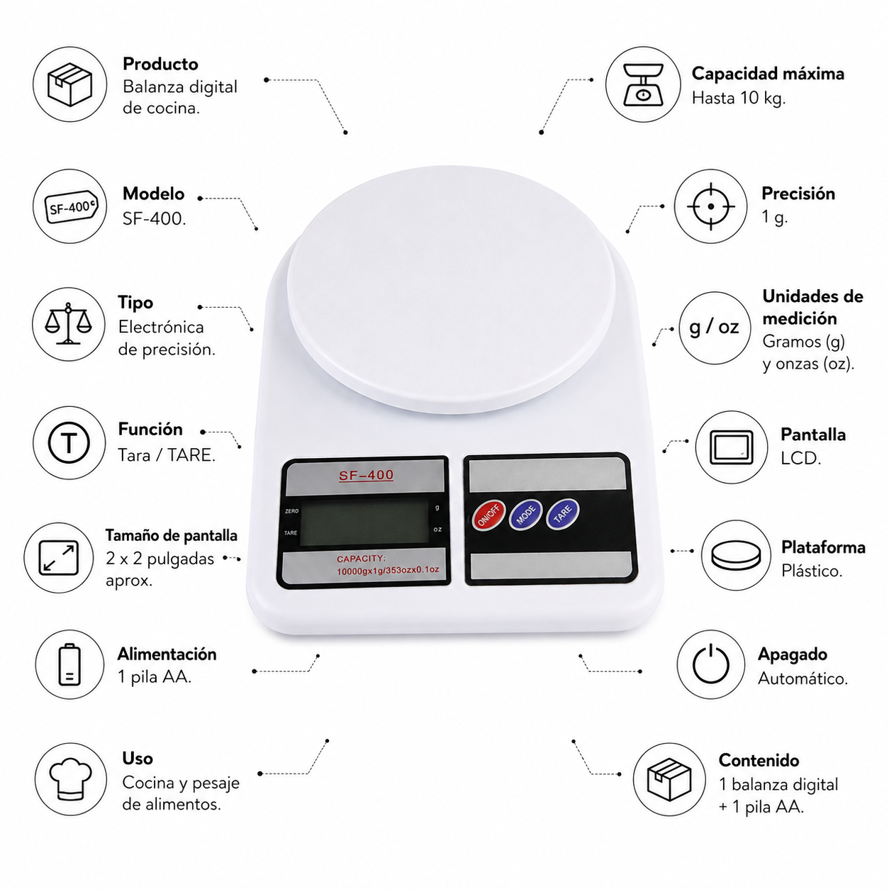 BALANZA DIGITAL DE COCINA DE ALTA PRECISIÓN CON FUNCIÓN TARE Y PANTALLA LCD - 5