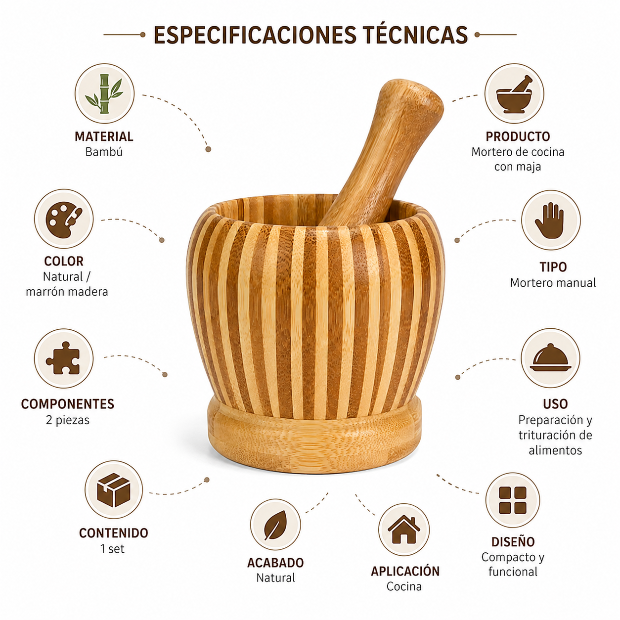 MORTERO DE BAMBÚ CON MAJA PARA ESPECIAS Y CONDIMENTOS - 3