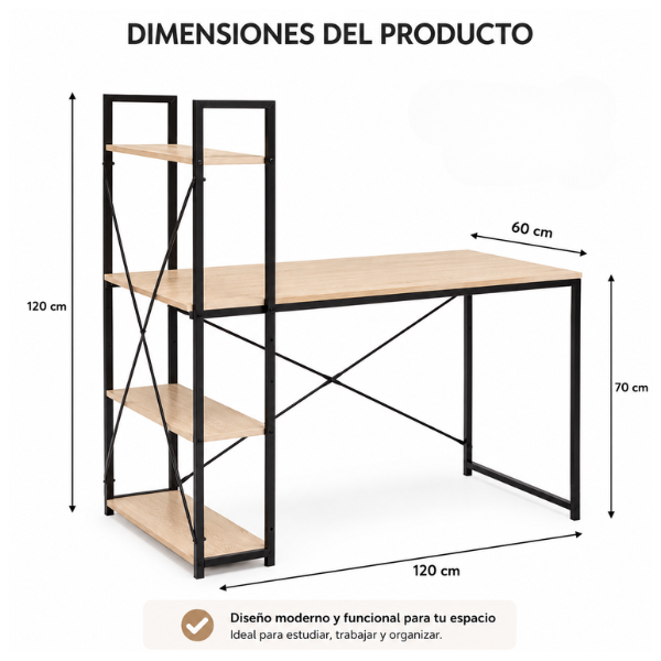 ESCRITORIO CON ESTANTERÍA Y REPISAS 120 X 60 X 70 CM - 4