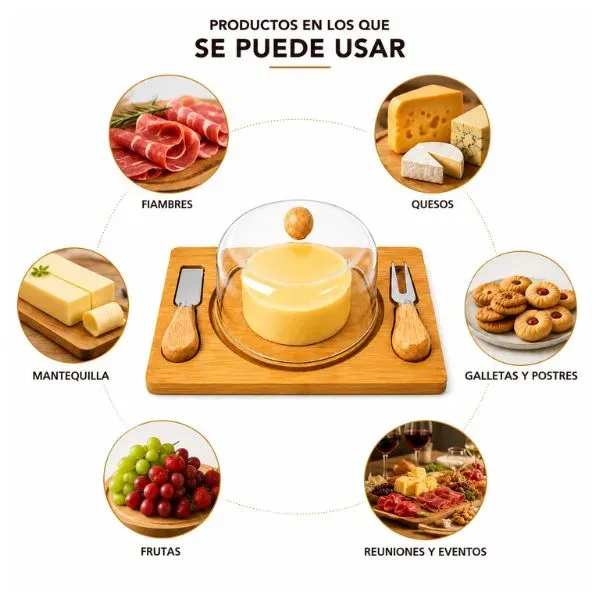 TABLA PARA QUESOS DE BAMBÚ CON TAPA Y UTENSILIOS - 2
