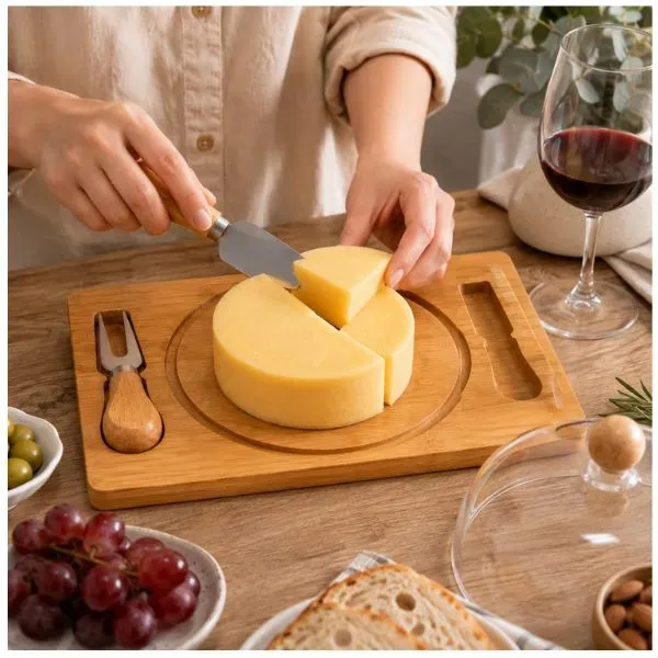 TABLA PARA QUESOS DE BAMBÚ CON TAPA Y UTENSILIOS - 4