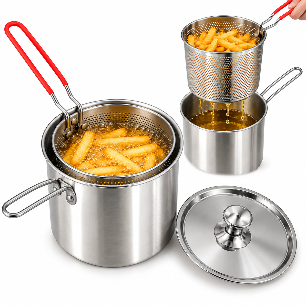 OLLA FREIDORA DE ACERO INOXIDABLE 4 L CON CANASTILLA Y TAPA - 1