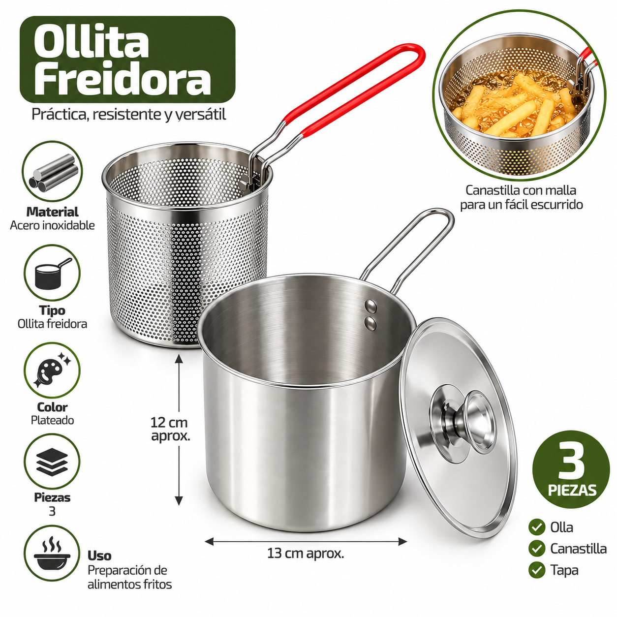 OLLA FREIDORA DE ACERO INOXIDABLE 4 L CON CANASTILLA Y TAPA - 4