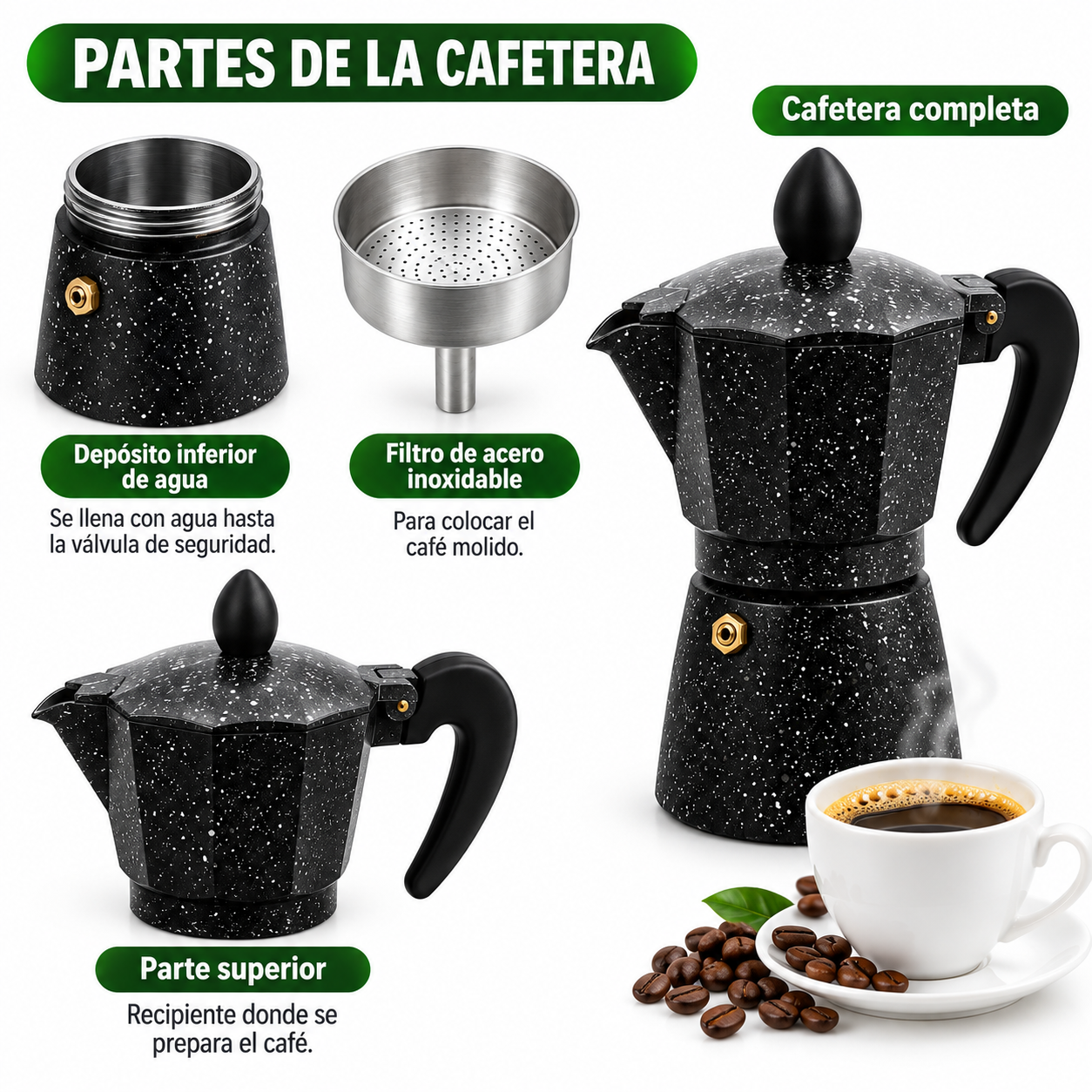CAFETERA ITALIANA DE ALUMINIO 3 TAZAS 150 ML DISEÑO GRANITO NEGRO - 2