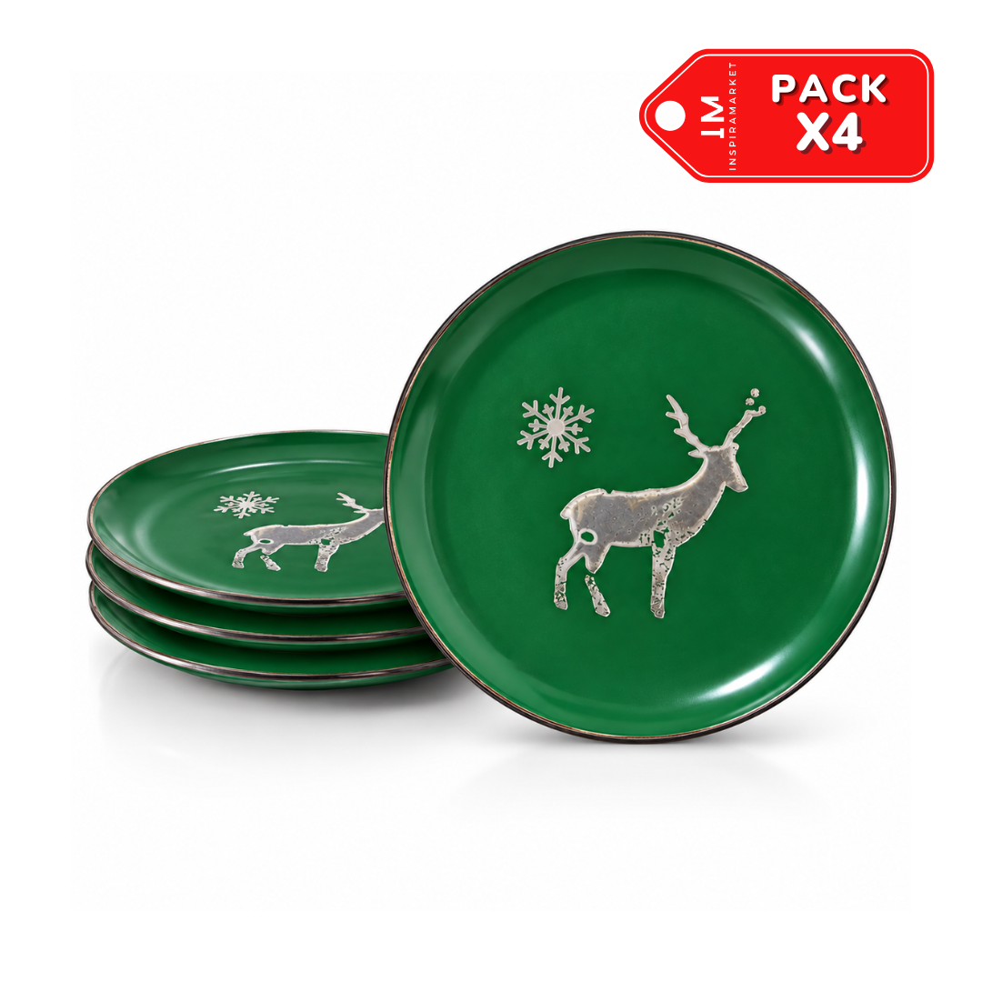 PACK X4 PLATOS NAVIDEÑOS VERDES 26 CM DISEÑO RENO Y COPO DE NIEVE - 1