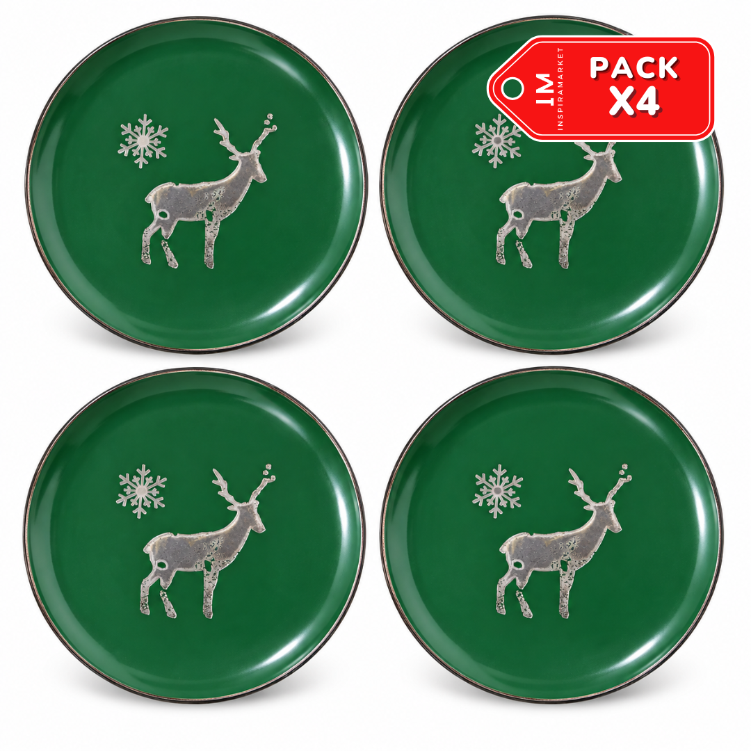 PACK X4 PLATOS NAVIDEÑOS VERDES 26 CM DISEÑO RENO Y COPO DE NIEVE - 2