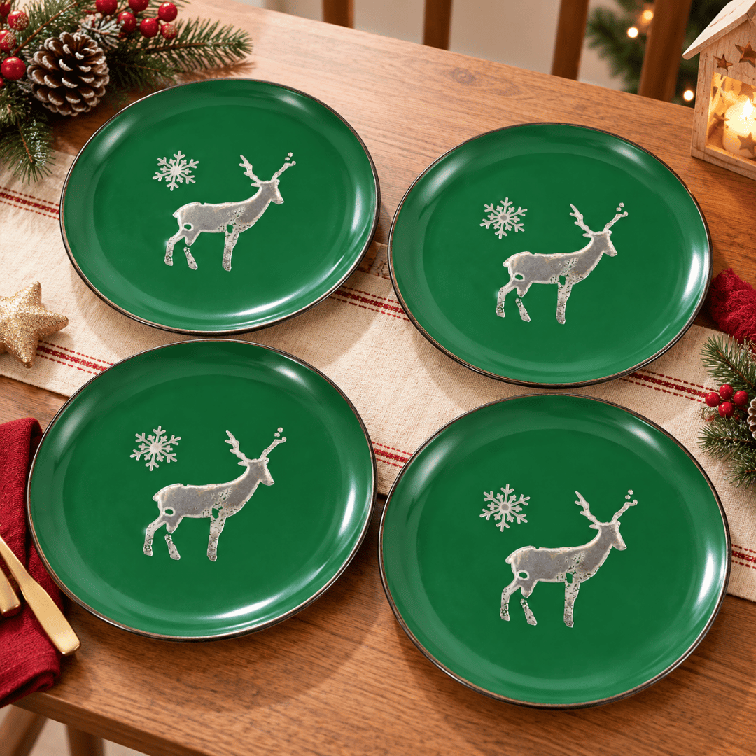 PACK X4 PLATOS NAVIDEÑOS VERDES 26 CM DISEÑO RENO Y COPO DE NIEVE - 4