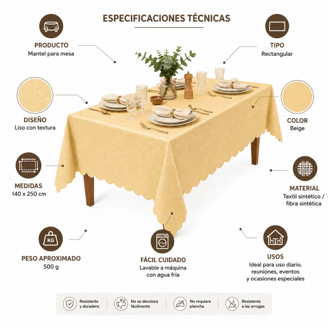 MANTEL ANTIMANCHAS BEIGE 140 X 250 CM PARA MESA COLOR BEIGE - 3