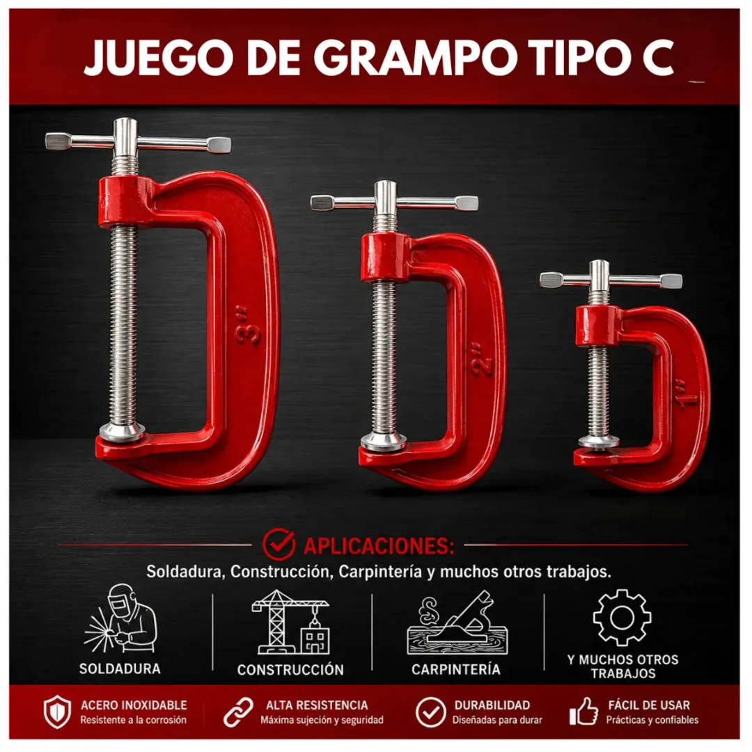 SET X3 PRENSAS TIPO C PARA CARPINTERÍA Y BRICOLAJE 1', 2' Y 3' - 4