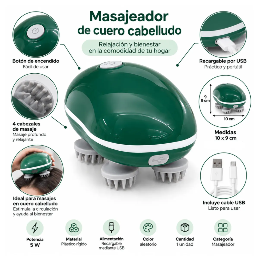 MASAJEADOR ELÉCTRICO DE CUERO CABELLUDO CON 4 CABEZALES DE MASAJE Y CARGA USB - 3