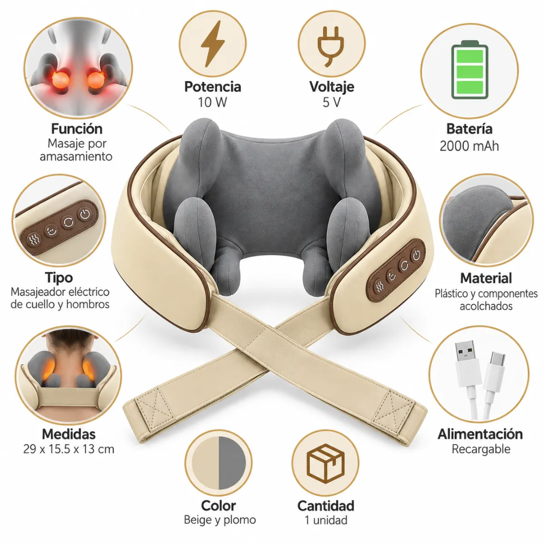 MASAJEADOR DE CUELLO Y HOMBROS RECARGABLE 10W CON AMASAMIENTO Y CONTROL INTEGRADO - 3