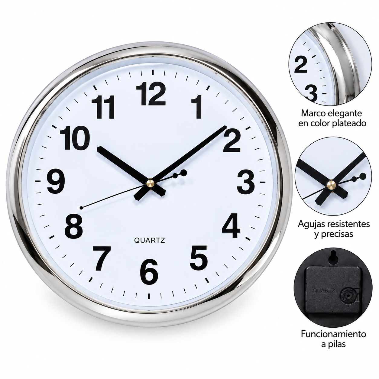 RELOJ DE PARED ANALÓGICO DE 40 CM CON NÚMEROS GRANDES, CARÁTULA BLANCA Y MARCO PLATEADO PARA UNA LECTURA CLARA. - 2