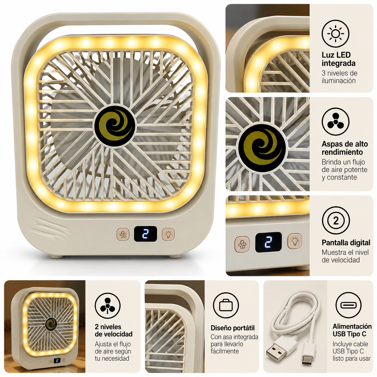 MINI VENTILADOR DE MESA CON LUZ LED Y PANTALLA DIGITAL 12 X 20 CM - 3