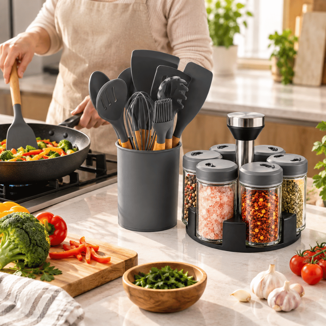 SET X11 UTENSILIOS DE COCINA DE SILICONA CON MANGO DE MADERA Y ORGANIZADOR - 3