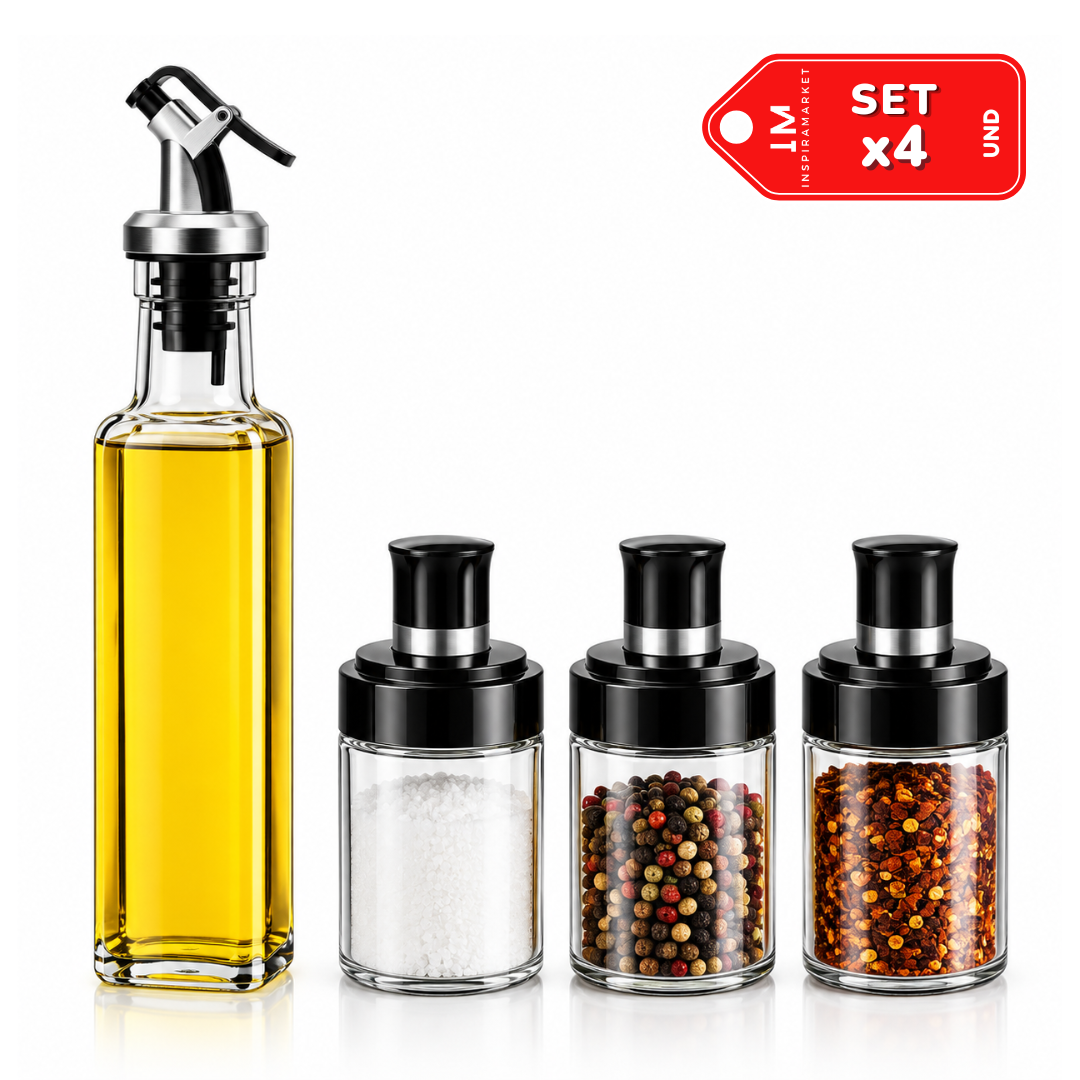 PACK X4 ACEITERO Y CONDIMENTEROS DE VIDRIO CON DOSIFICADOR PARA COCINA - 1