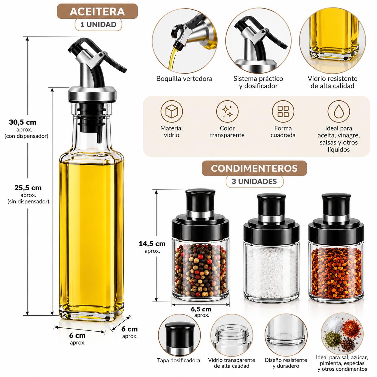 PACK X4 ACEITERO Y CONDIMENTEROS DE VIDRIO CON DOSIFICADOR PARA COCINA - 3