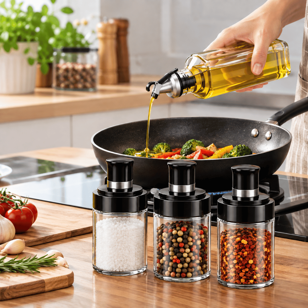 PACK X4 ACEITERO Y CONDIMENTEROS DE VIDRIO CON DOSIFICADOR PARA COCINA - 4
