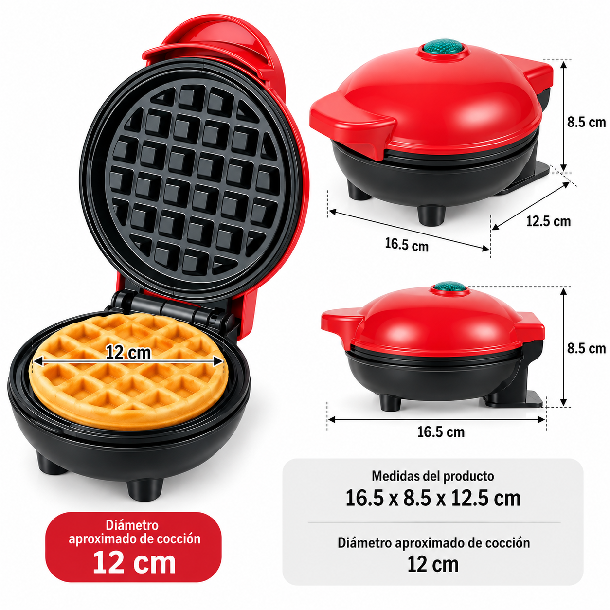 MINI WAFLERA ELÉCTRICA PARA WAFFLES REDONDOS 12 CM 16.5 X 8.5 X 12.5 CM - 2