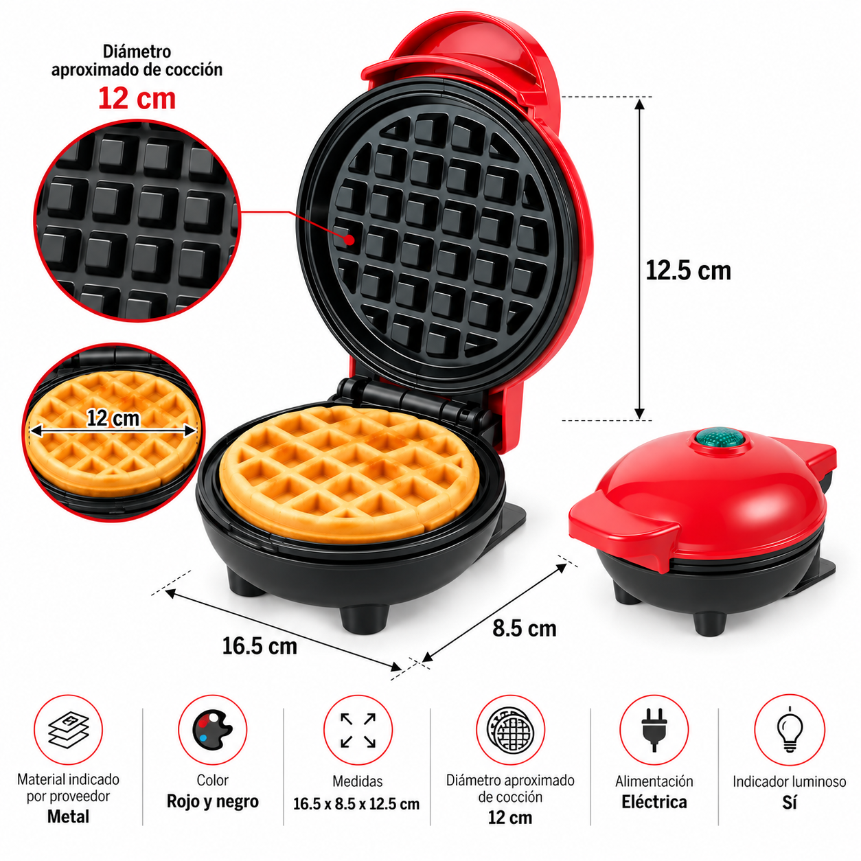 MINI WAFLERA ELÉCTRICA PARA WAFFLES REDONDOS 12 CM 16.5 X 8.5 X 12.5 CM - 3