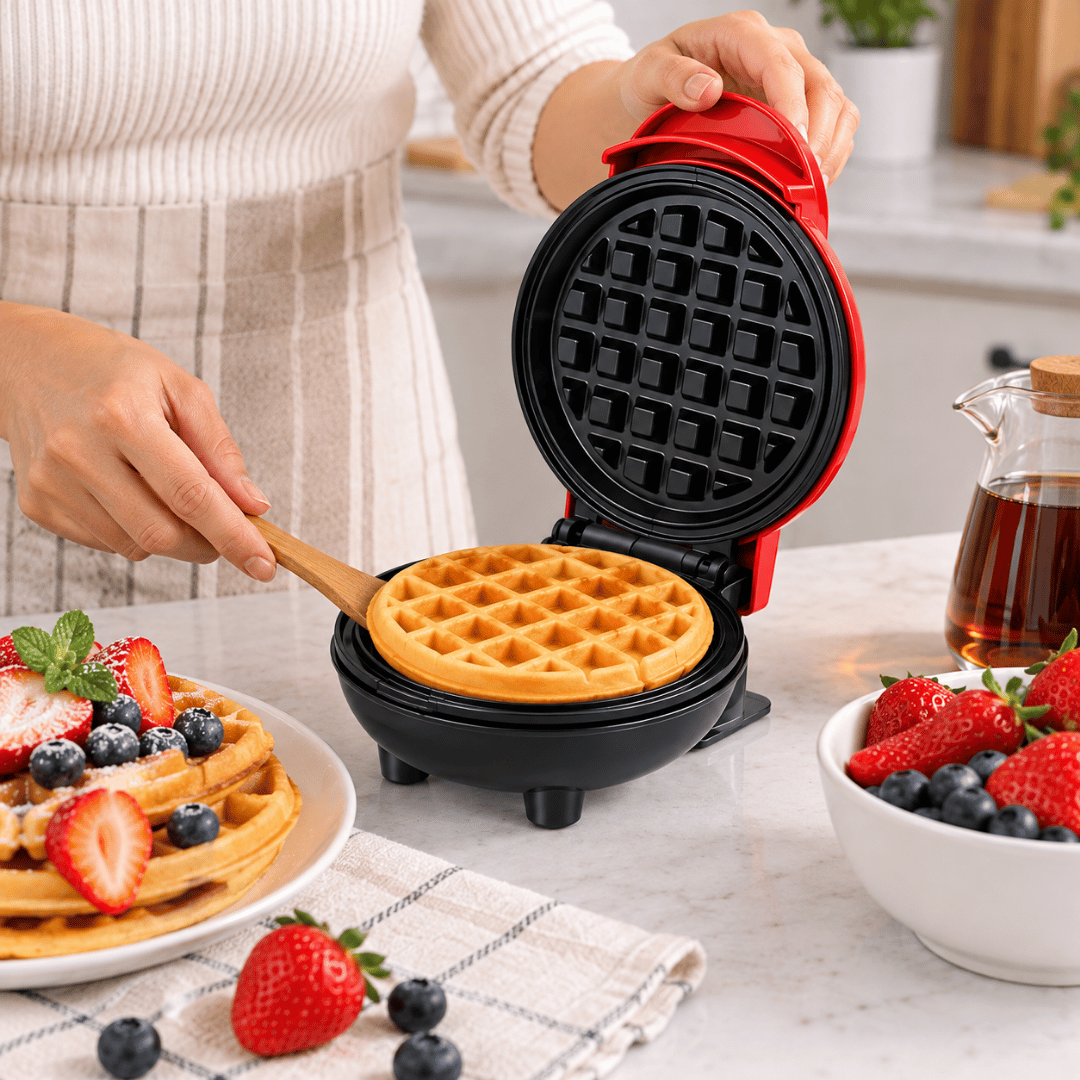 MINI WAFLERA ELÉCTRICA PARA WAFFLES REDONDOS 12 CM 16.5 X 8.5 X 12.5 CM - 4