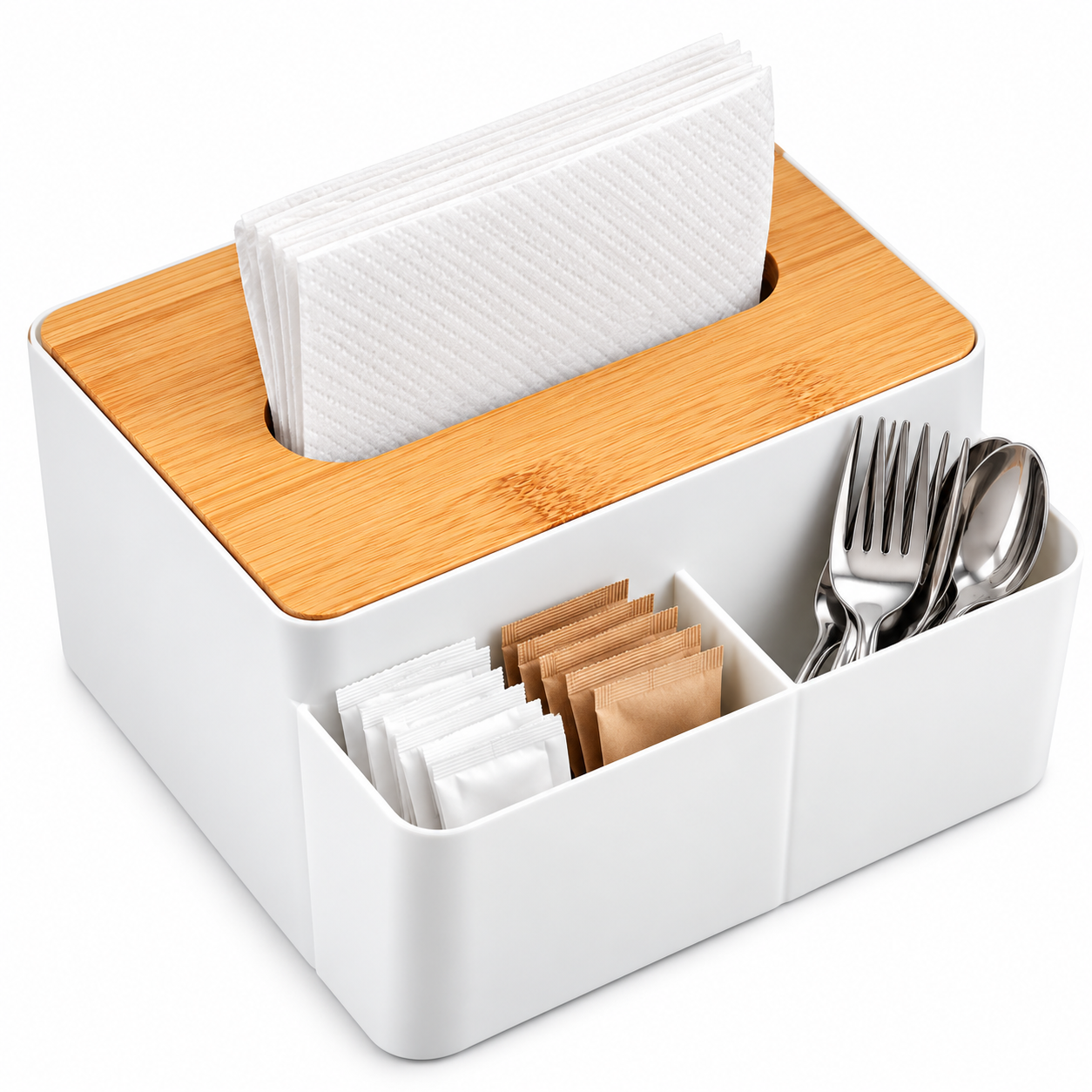 SERVILLETERO ORGANIZADOR DE MESA CON TAPA DE BAMBÚ Y COMPARTIMIENTOS PARA COCINA - 1