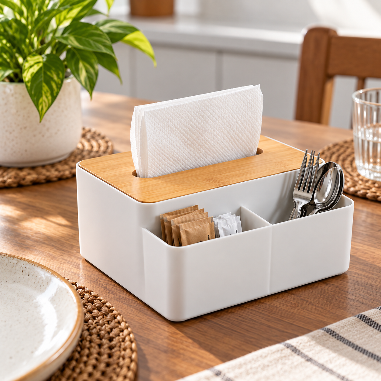 SERVILLETERO ORGANIZADOR DE MESA CON TAPA DE BAMBÚ Y COMPARTIMIENTOS PARA COCINA - 4