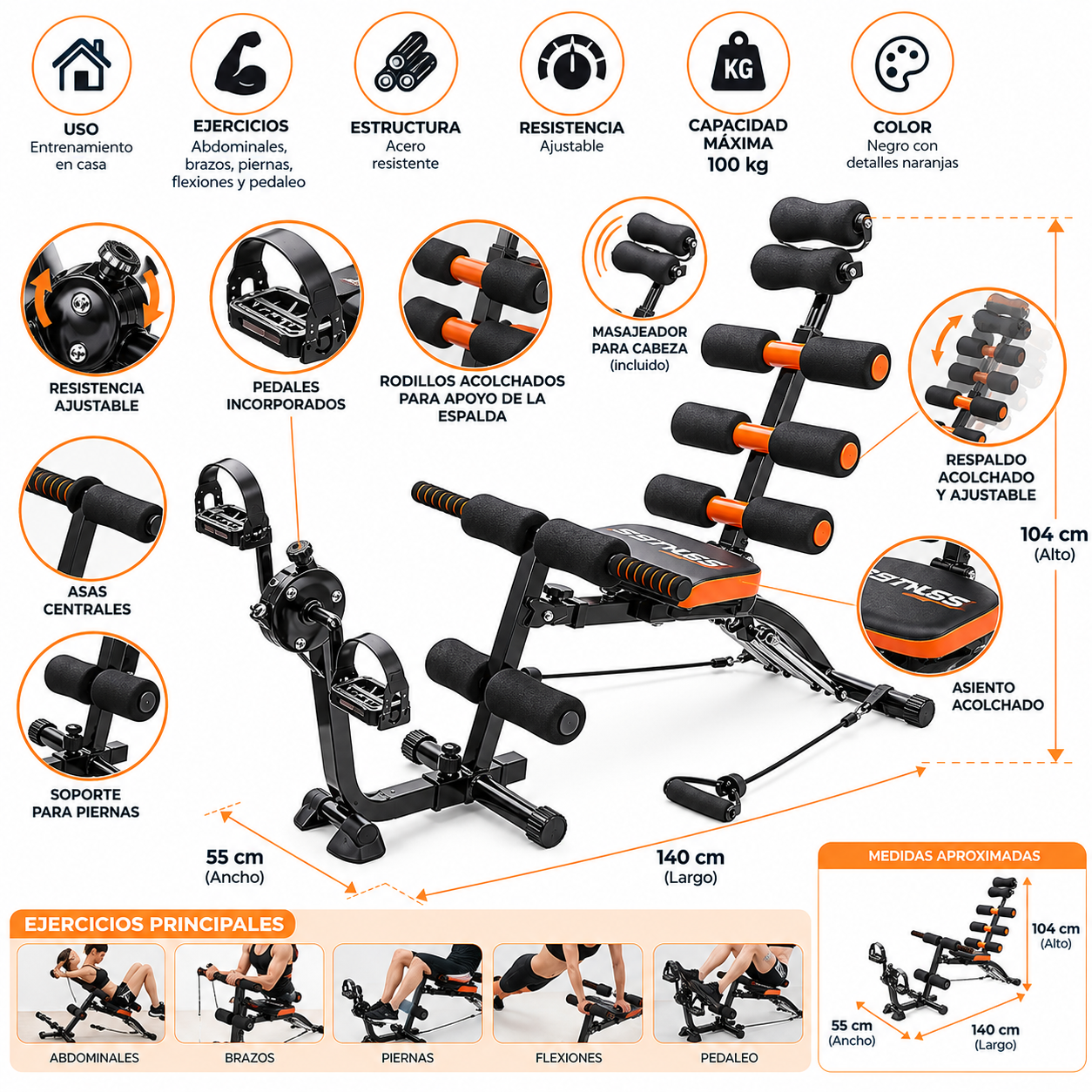 MÁQUINA DE EJERCICIOS MULTIFUNCIONAL CON PEDALES PARA ABDOMINALES, BRAZOS Y PIERNAS - 2