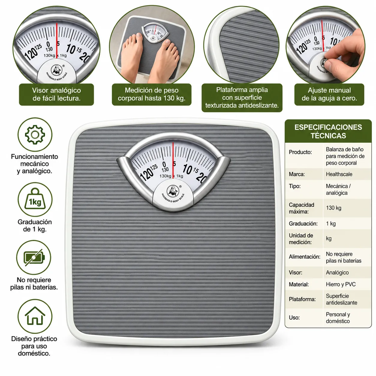 BALANZA DE BAÑO ANALÓGICA PARA MEDICIÓN DE PESO CORPORAL HASTA 130 KG - 2