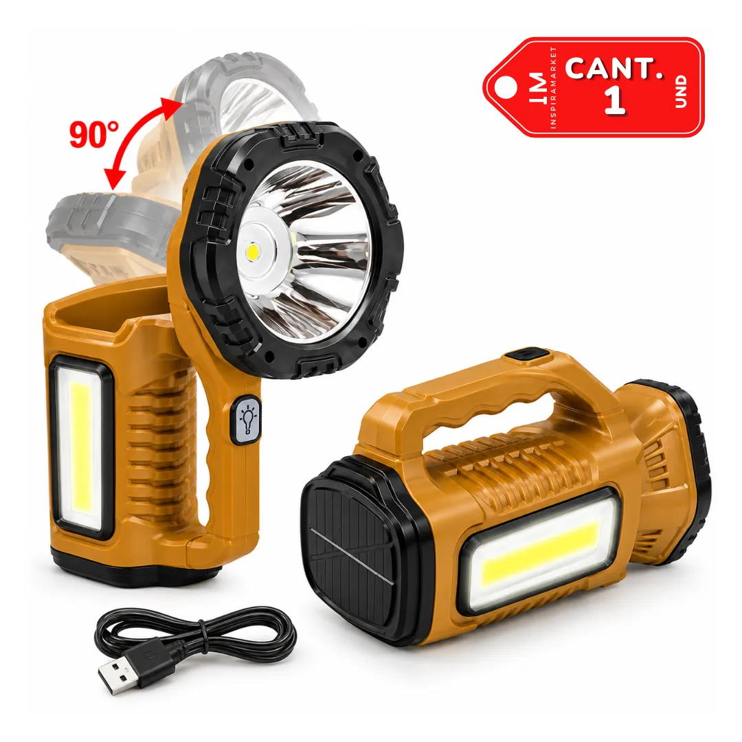 LINTERNA LED RECARGABLE SOLAR CON LUZ FRONTAL Y COB, CABEZAL AJUSTABLE 90° - 1