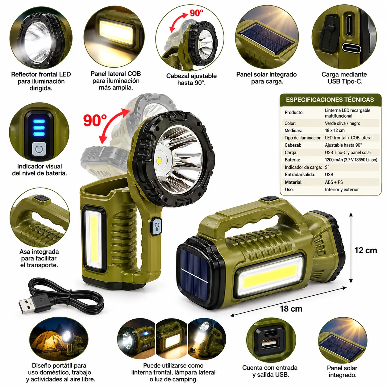 LINTERNA LED RECARGABLE SOLAR CON LUZ FRONTAL Y COB, CABEZAL AJUSTABLE 90° - 2