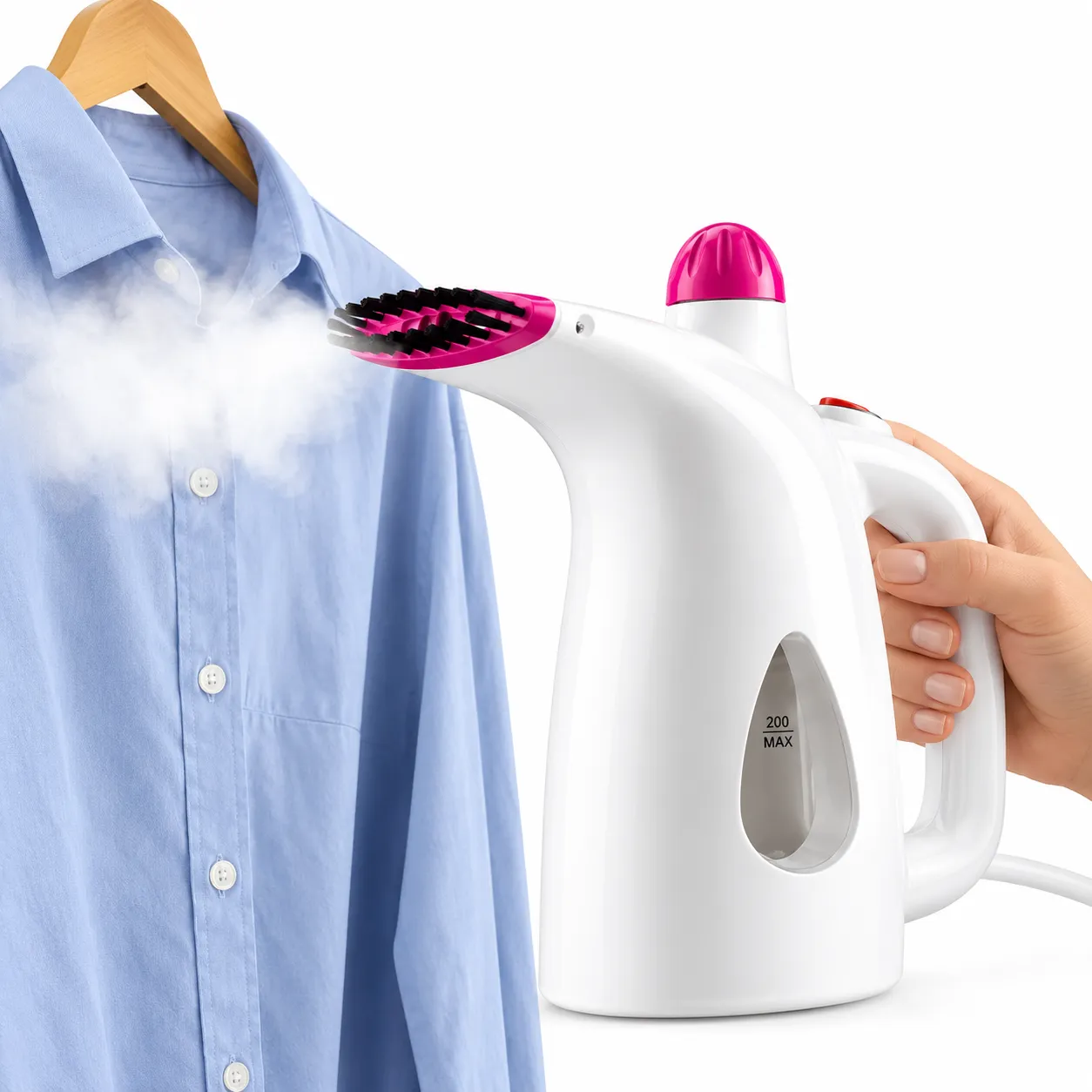 PLANCHA VAPORIZADORA DE ROPA PORTÁTIL 200 ML CON CEPILLO PARA PRENDAS - 1