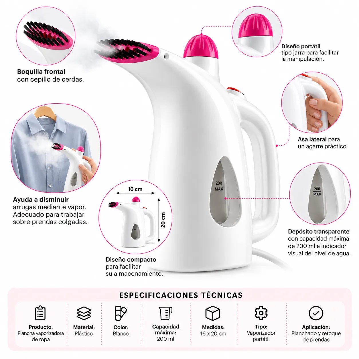 PLANCHA VAPORIZADORA DE ROPA PORTÁTIL 200 ML CON CEPILLO PARA PRENDAS - 3