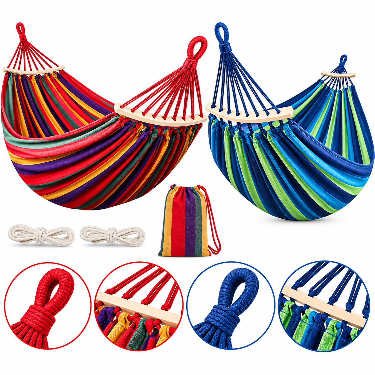 HAMACA COLGANTE ROJO O AZUL 2.60 X 1.50 M DE POLIÉSTER CON BOLSA PARA TRANSPORTE - 2