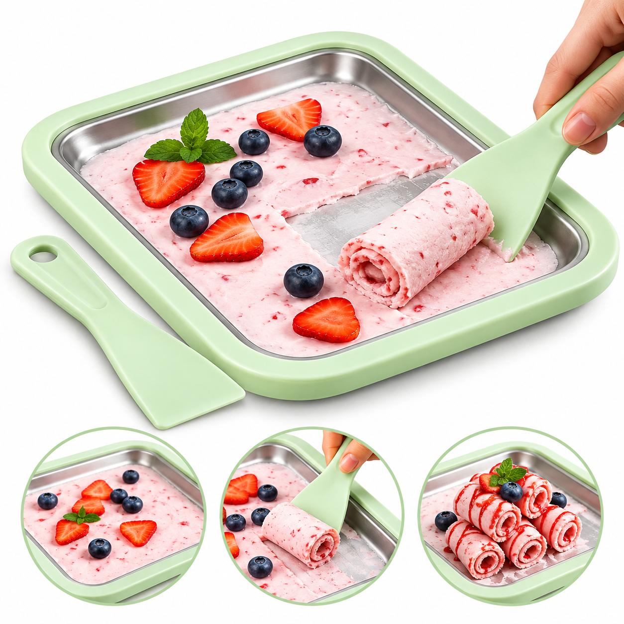 BANDEJA PARA HACER HELADO DE ACERO INOXIDABLE 23 X 17.5 CM CON ESPÁTULAS COLOR ALEATORIO - 1