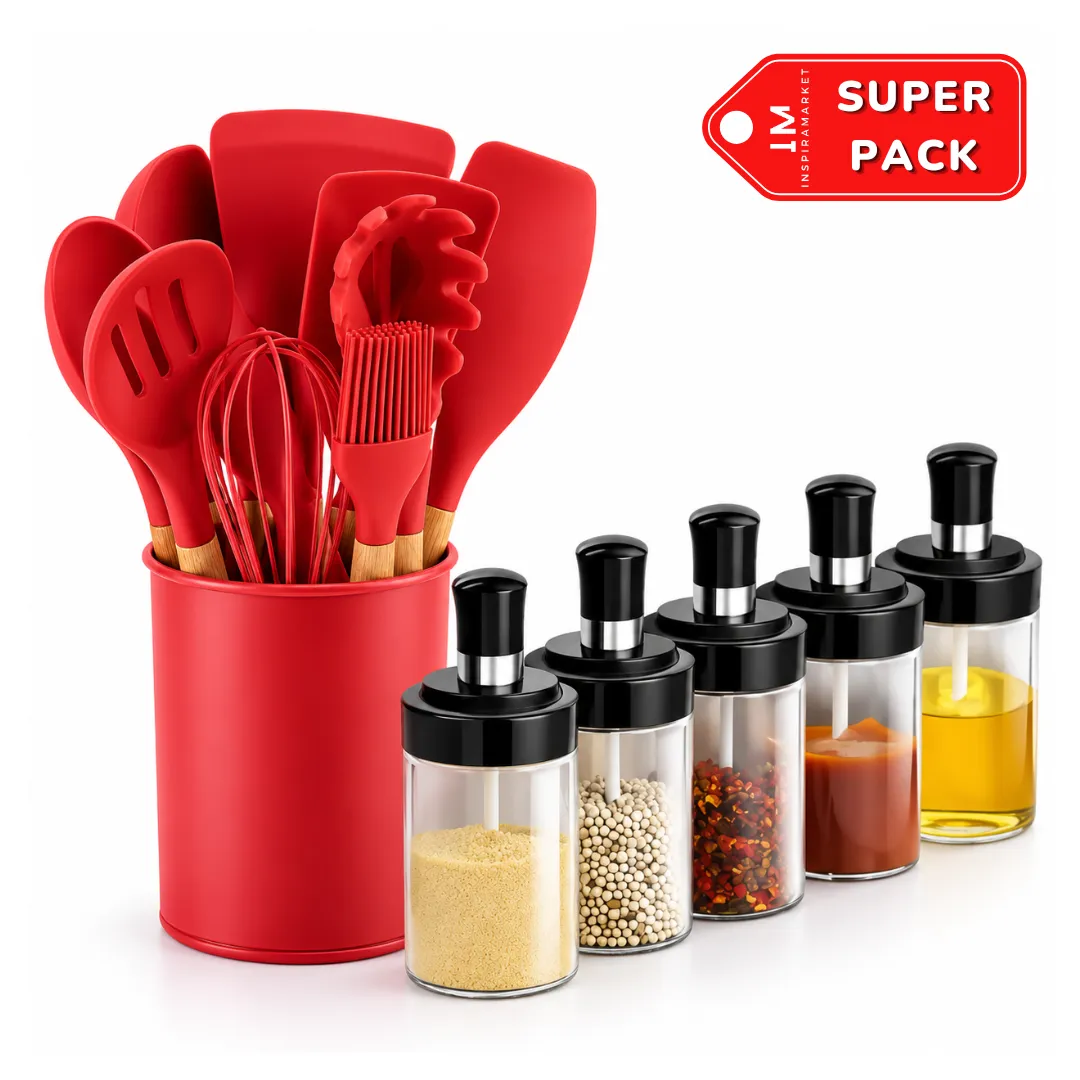 SUPER PACK X11 UTENSILIOS DE COCINA DE SILICONA + 5 CONDIMENTEROS DE VIDRIO CON ORGANIZADOR - 1