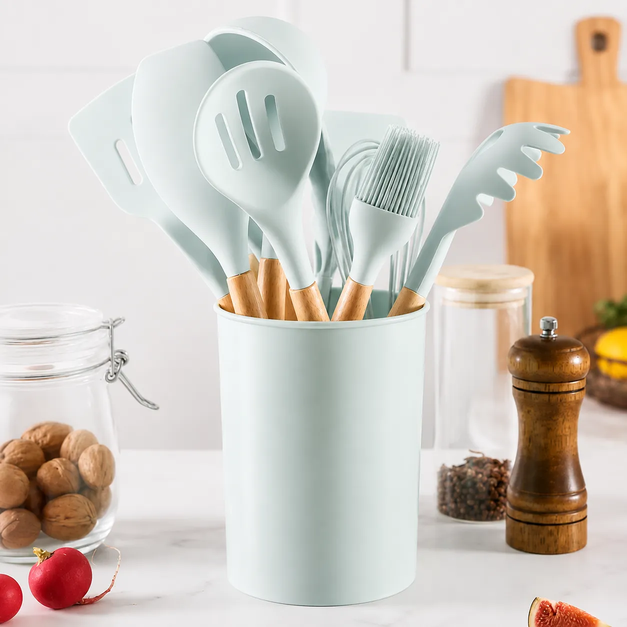SUPER PACK X11 UTENSILIOS DE COCINA DE SILICONA + 5 CONDIMENTEROS DE VIDRIO CON ORGANIZADOR - 2