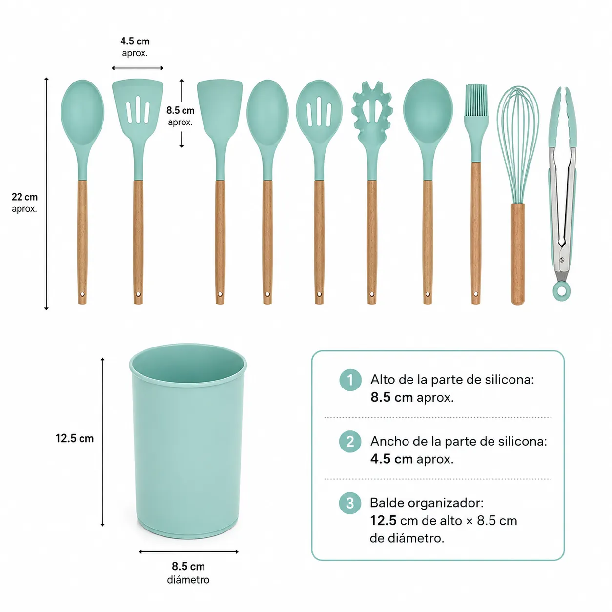 SUPER PACK X11 UTENSILIOS DE COCINA DE SILICONA + 5 CONDIMENTEROS DE VIDRIO CON ORGANIZADOR - 4