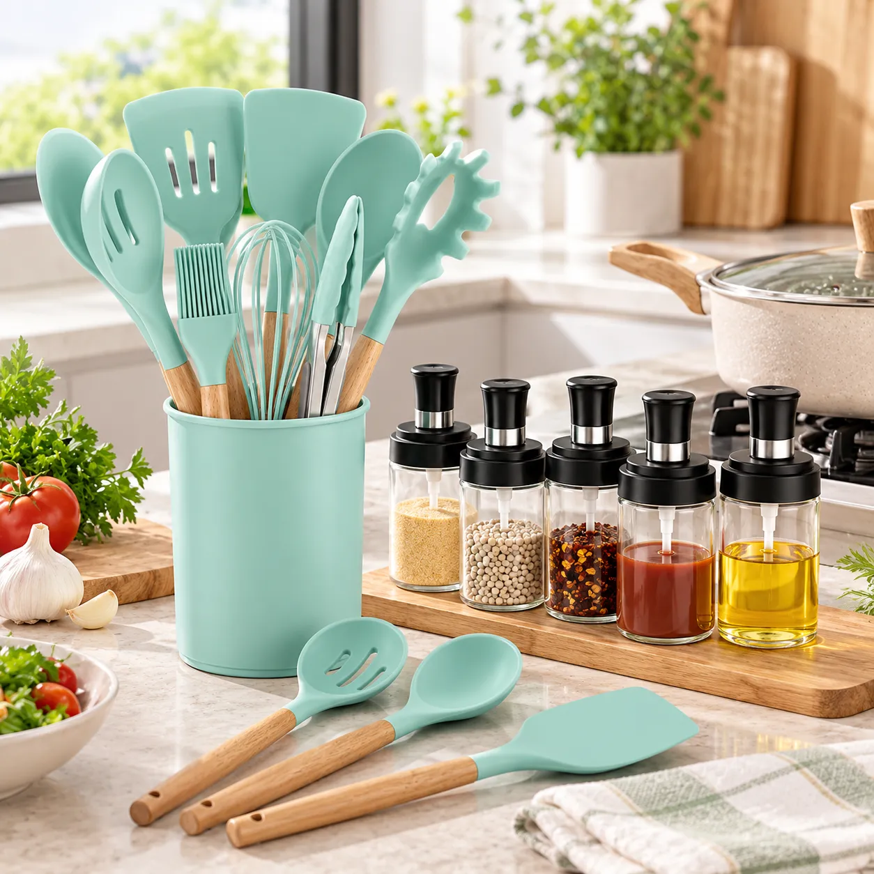 SUPER PACK X11 UTENSILIOS DE COCINA DE SILICONA + 5 CONDIMENTEROS DE VIDRIO CON ORGANIZADOR - 7