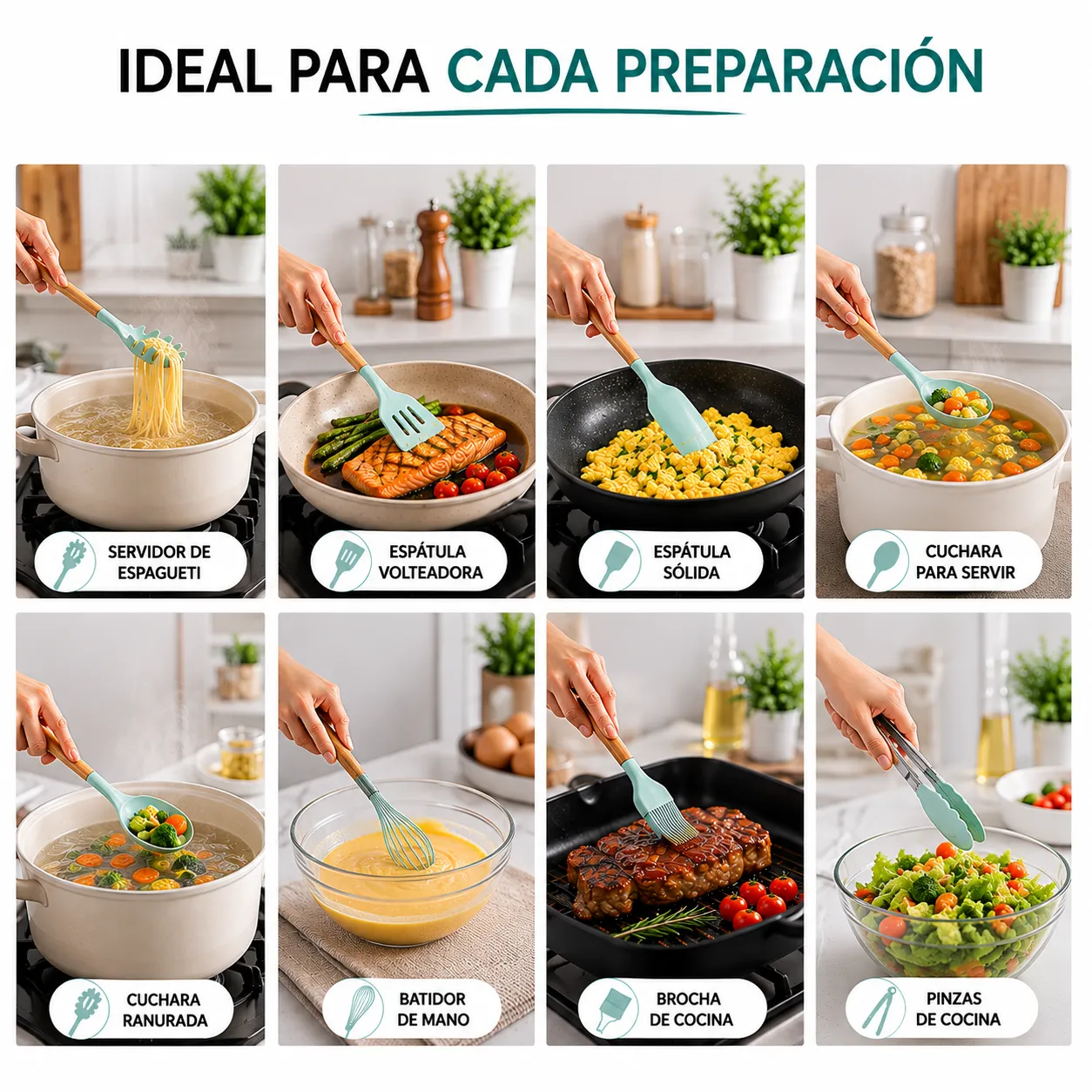 SUPER PACK X11 UTENSILIOS DE COCINA DE SILICONA + 5 CONDIMENTEROS DE VIDRIO CON ORGANIZADOR - 8