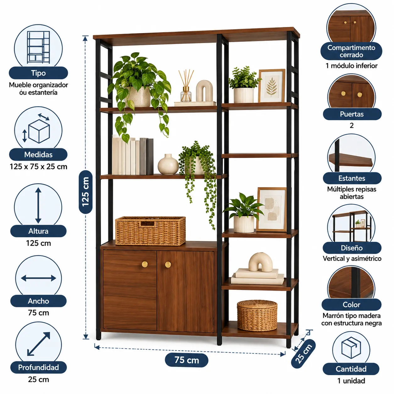 MUEBLE ORGANIZADOR DE 5 NIVELES CON ESTANTES Y 2 PUERTAS 125 X 75 X 25 CM PARA HOGAR - 1