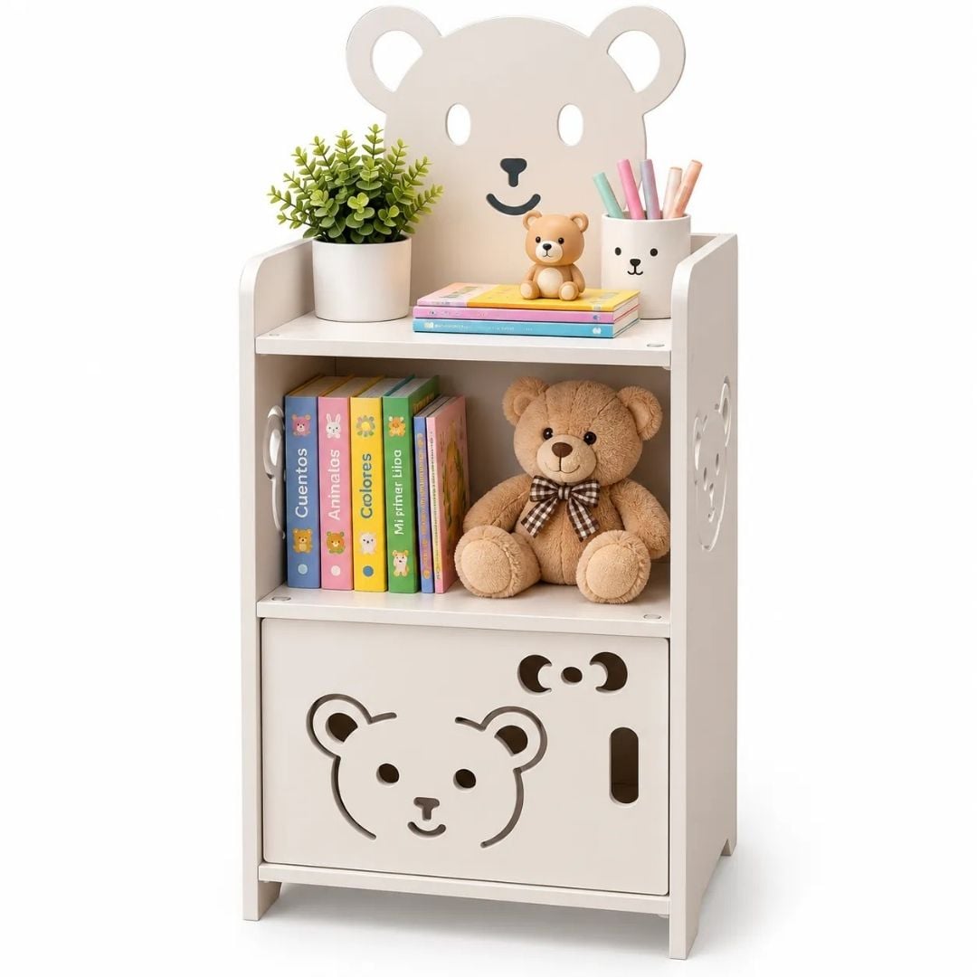 MUEBLE ORGANIZADOR INFANTIL CON REPISA Y PUERTA DECORADA DE OSITO 40 CM - 1