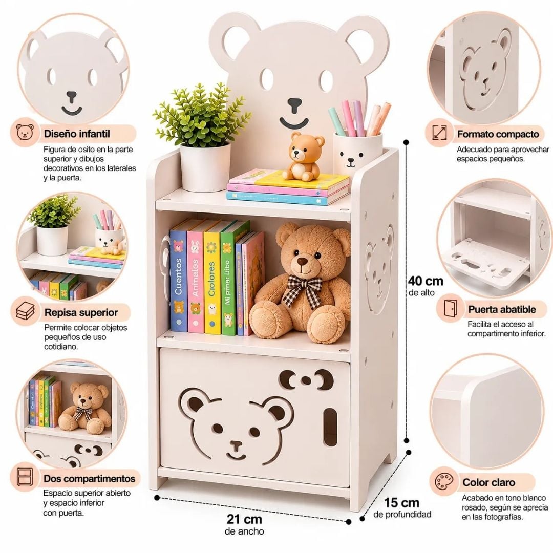 MUEBLE ORGANIZADOR INFANTIL CON REPISA Y PUERTA DECORADA DE OSITO 40 CM - 3