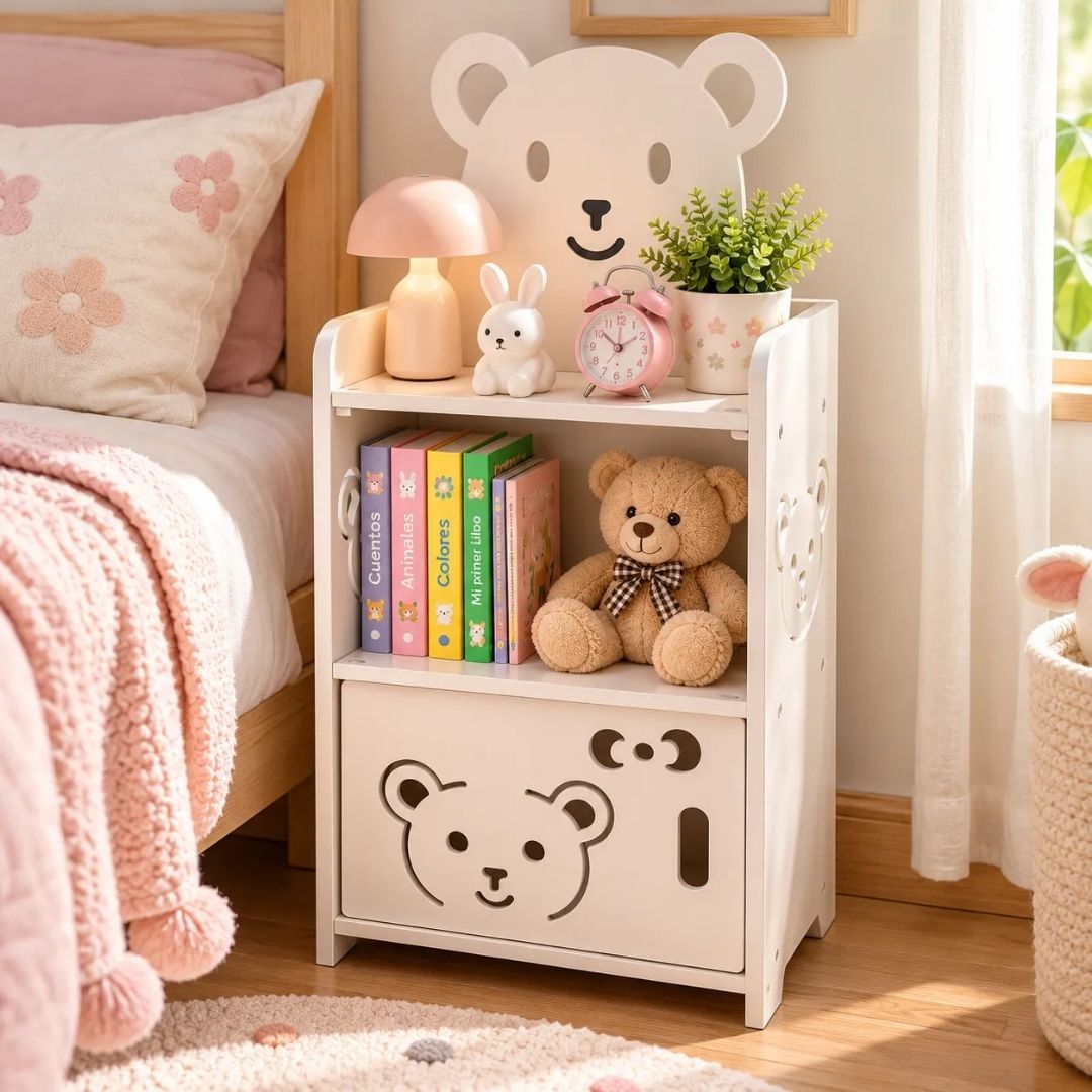 MUEBLE ORGANIZADOR INFANTIL CON REPISA Y PUERTA DECORADA DE OSITO 40 CM - 4